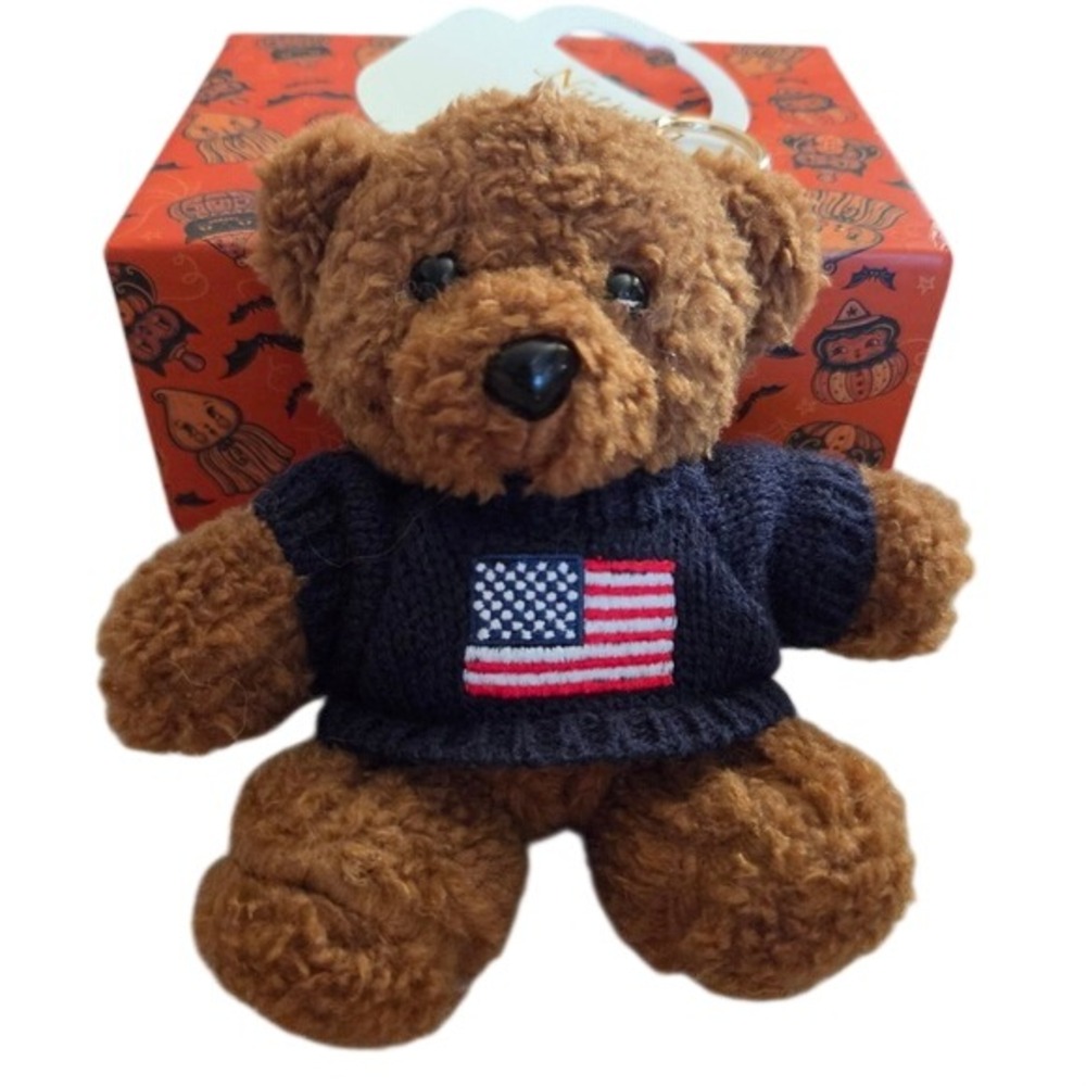 Natasha Teddy Bear Keychain OS Brown New American Flag Sweater Charm